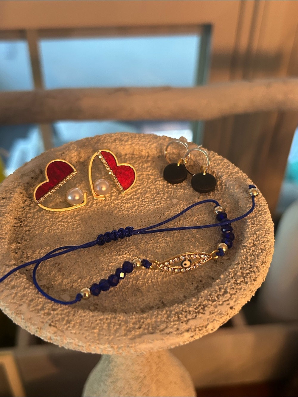 Gold and Blue Evil Eye Cord Bracelet with Red Heart Pearl Studs and 1 more